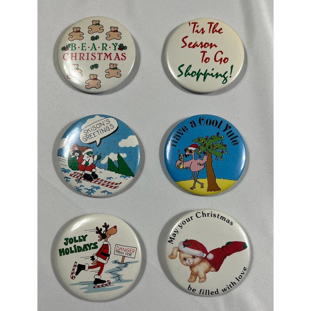 Vintage Christmas Buttons Lot 6 Kitsch Kidcore Y2K Holiday Pinback Russ Berrie